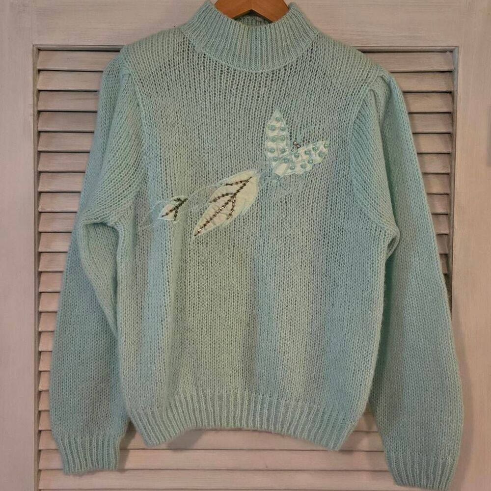 VTG Mint Green Sweater Leaf & Butterfly Applique Lace & Bead Accent Small